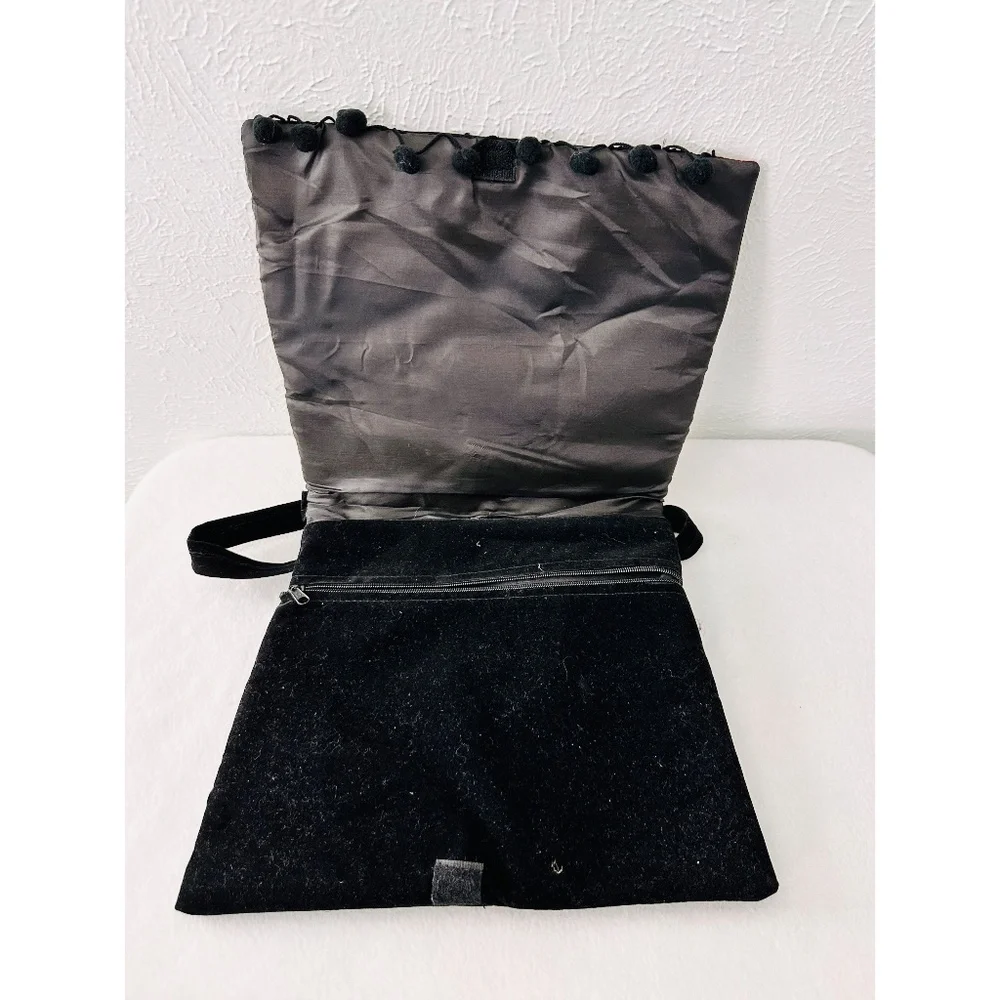 Black Crush Velvet Colorful  Front Embroidered Long Strap Purse